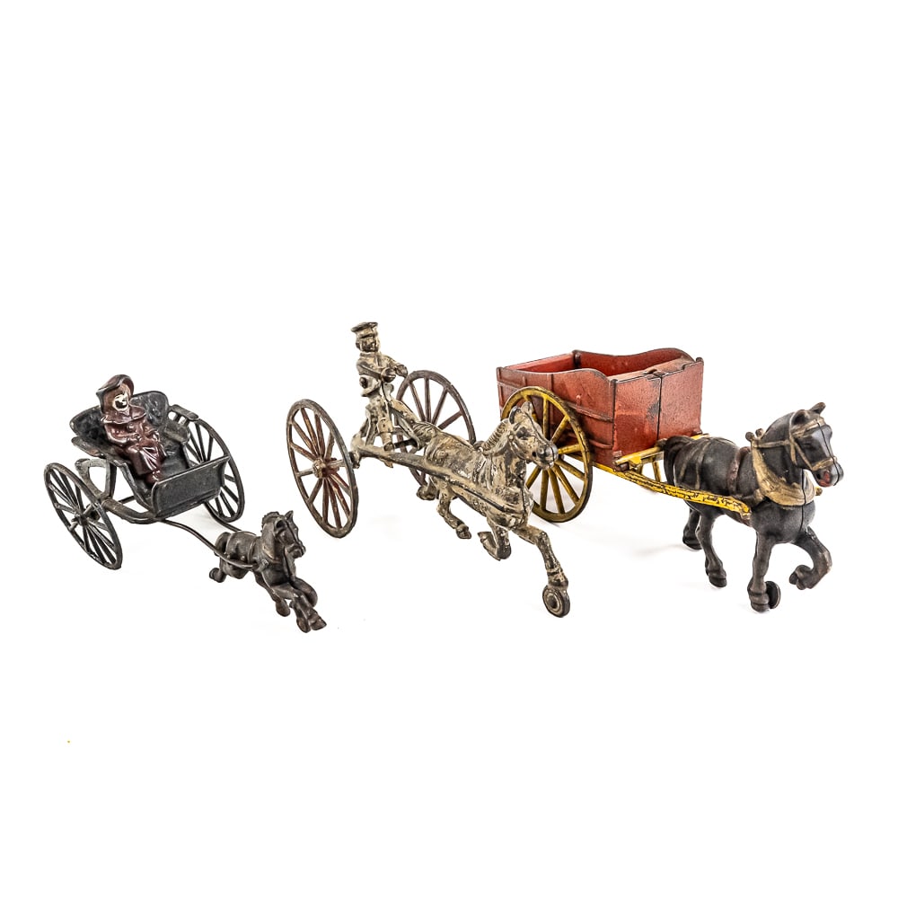 (3) Antique Toy Cast Iron Horse Pulled Wagons (1 of 10)