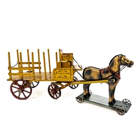 Early Horse Drawn Trucking Wooden Wagon Pull Toy