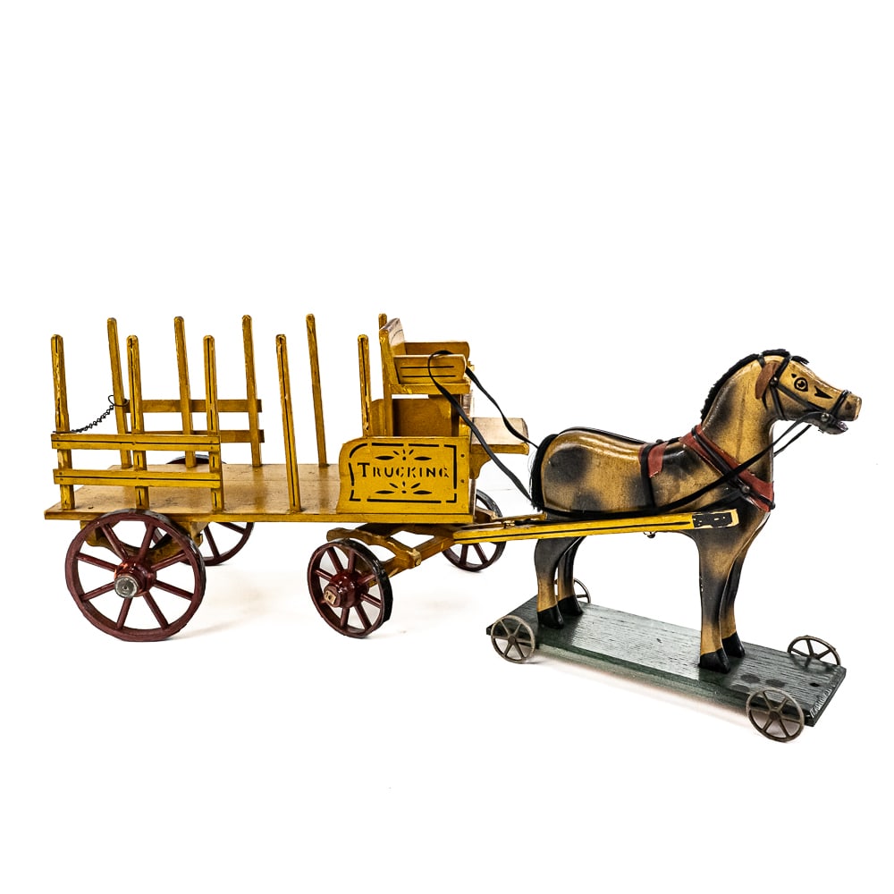 Early Horse Drawn Trucking Wooden Wagon Pull Toy (1 of 13)