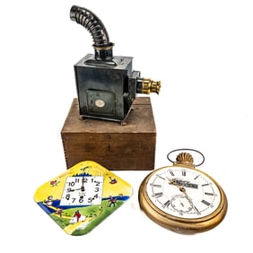 Ernest Plank Magic Lantern w Wooden Box & Clocks