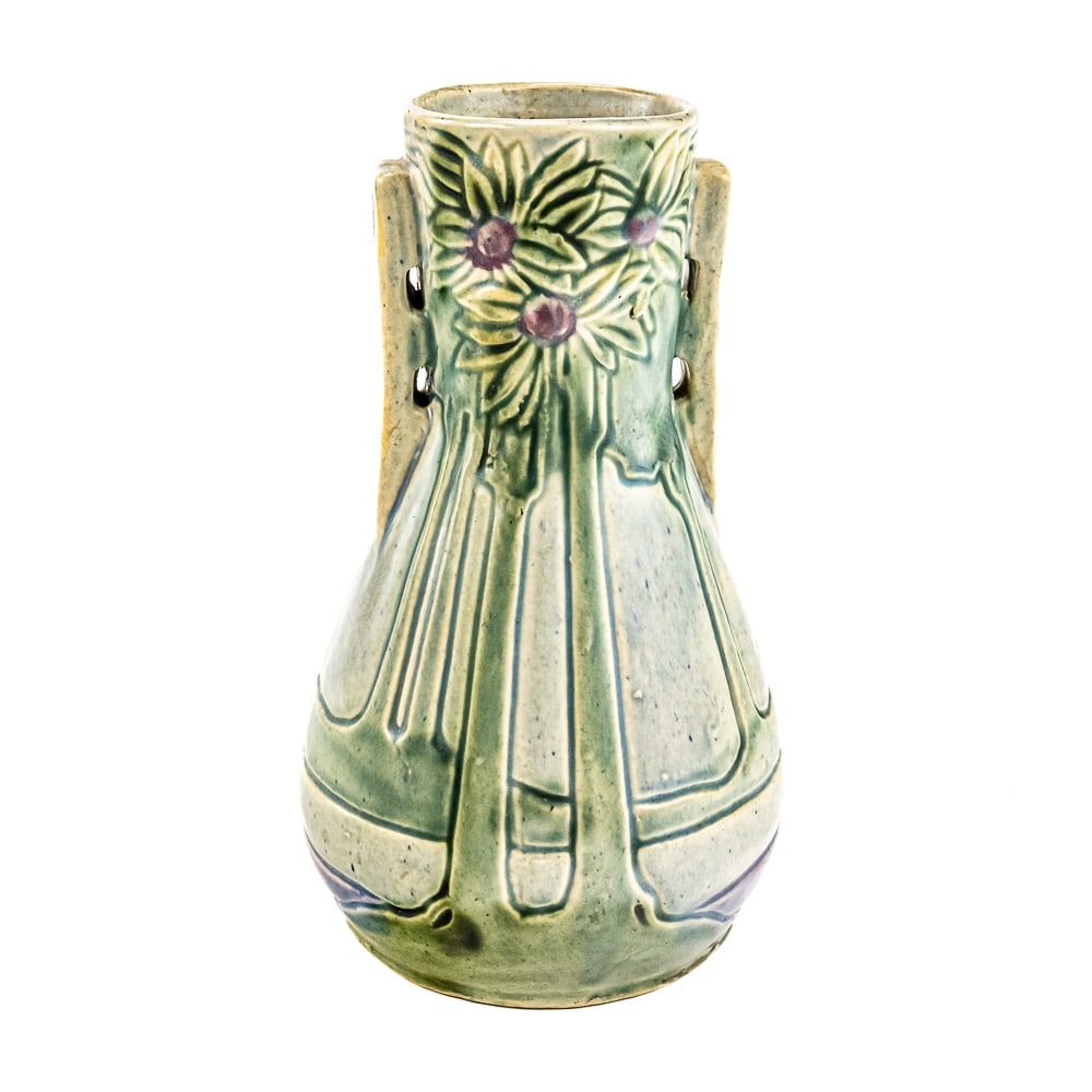 Roseville Pottery Vista Art 9.75" Decorative Vase: Antique Roseville Pottery Vista Art 9.75" decorative vase in very good overall condition with some age and discoloration; please use photos to judge condition and bid accordingly.