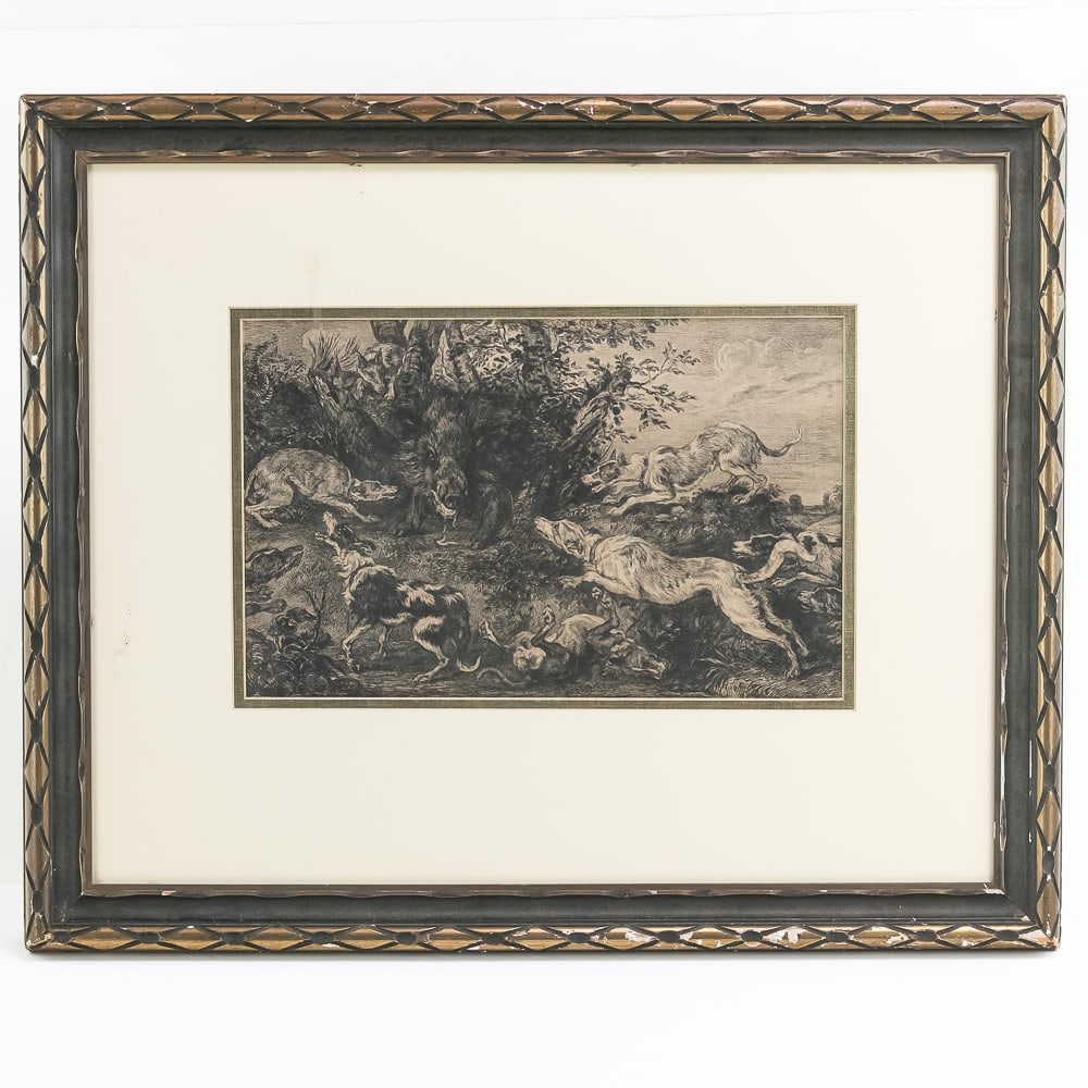 The Boar Hunt - Antique Etching: Antique quality framed etching by William Unger after "The Boar Hunt" by Frans Snyders (1519-1657). Believed to be by William Unger however unable to locate signature. Professionally framed and matted
