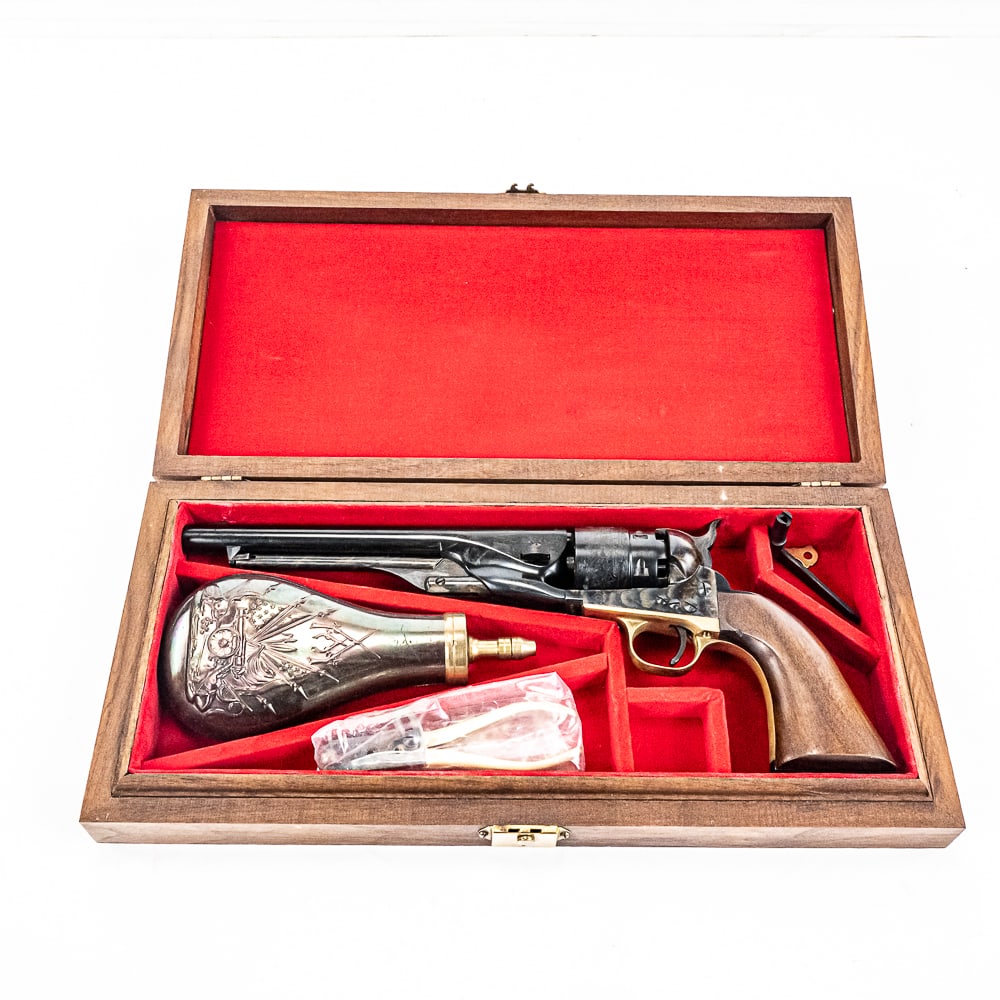 Replica Arms Cased "Colt" Army 1860 44BP Revolver: Replica Arms Cased "Colt" Army 1860 44BP Revolver in excellent condition with a wooden case, flask, bullet mold and nipple tool included.