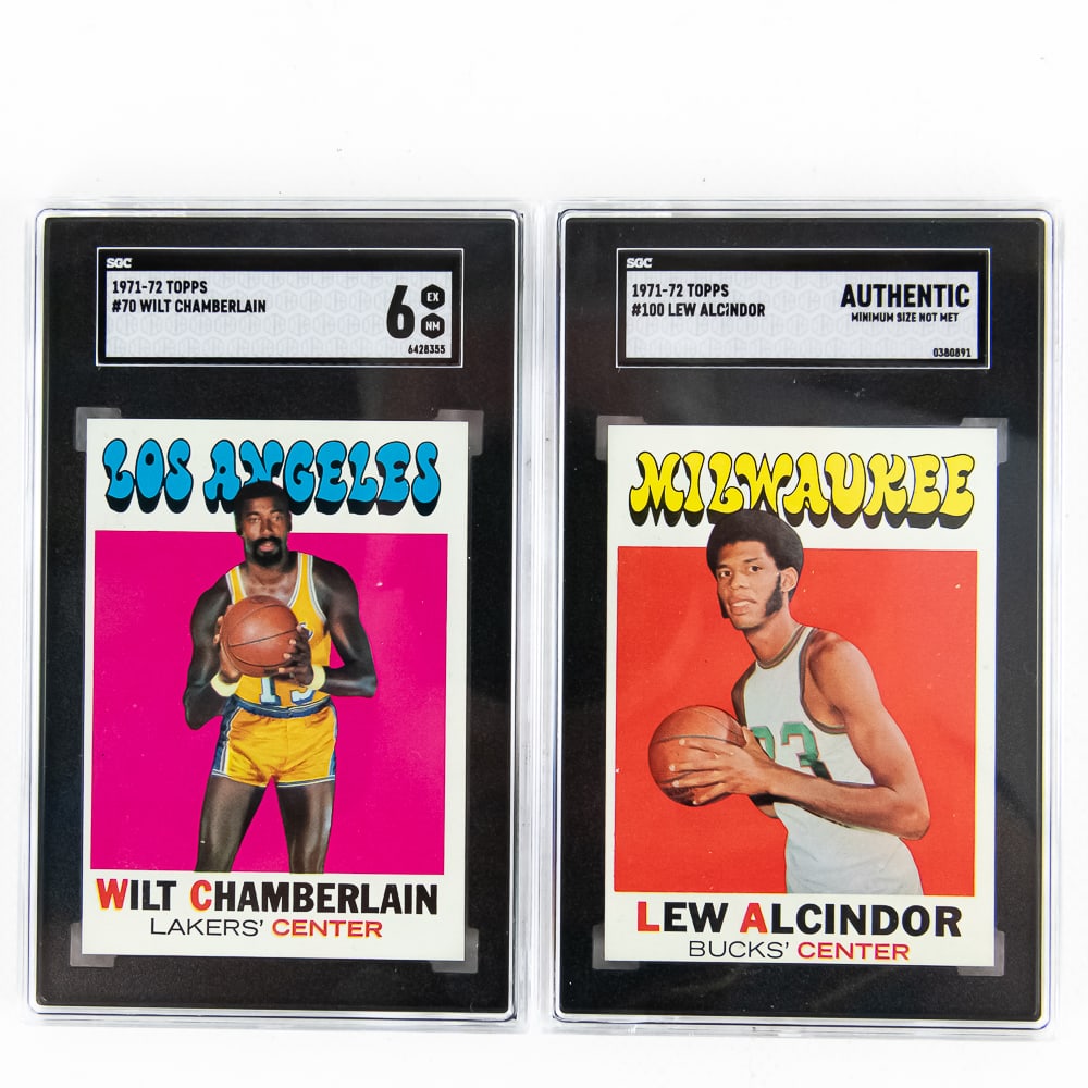 71-72 Topps #70 Chamberlain #100 Lew Alcindor SGC: 1971-72 Topps #70 Wilt Chamberlain slabbed and graded 6 by SGC along with 1971-72 Topps #100 Lew Alcindor slabbed and graded Authentic by SGC. Perfect addition to your collection, please use photos to