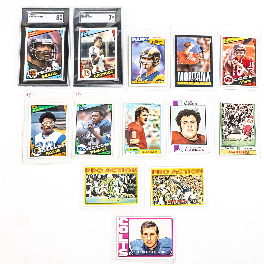 84 Topps Elway SGC 7 84 Topps Payton SGC 8 Warner+: 1984 Topps #228 Walter Payton slabbed and graded 8 by SGC, 1984 Topps #63 John Elway slabbed and graded 7 by SGC along with RAW (EX-NM) 74 Topps 219 Ray Guy, 73 Topps 312 Alzado, 72 Topps 259 Csonka,