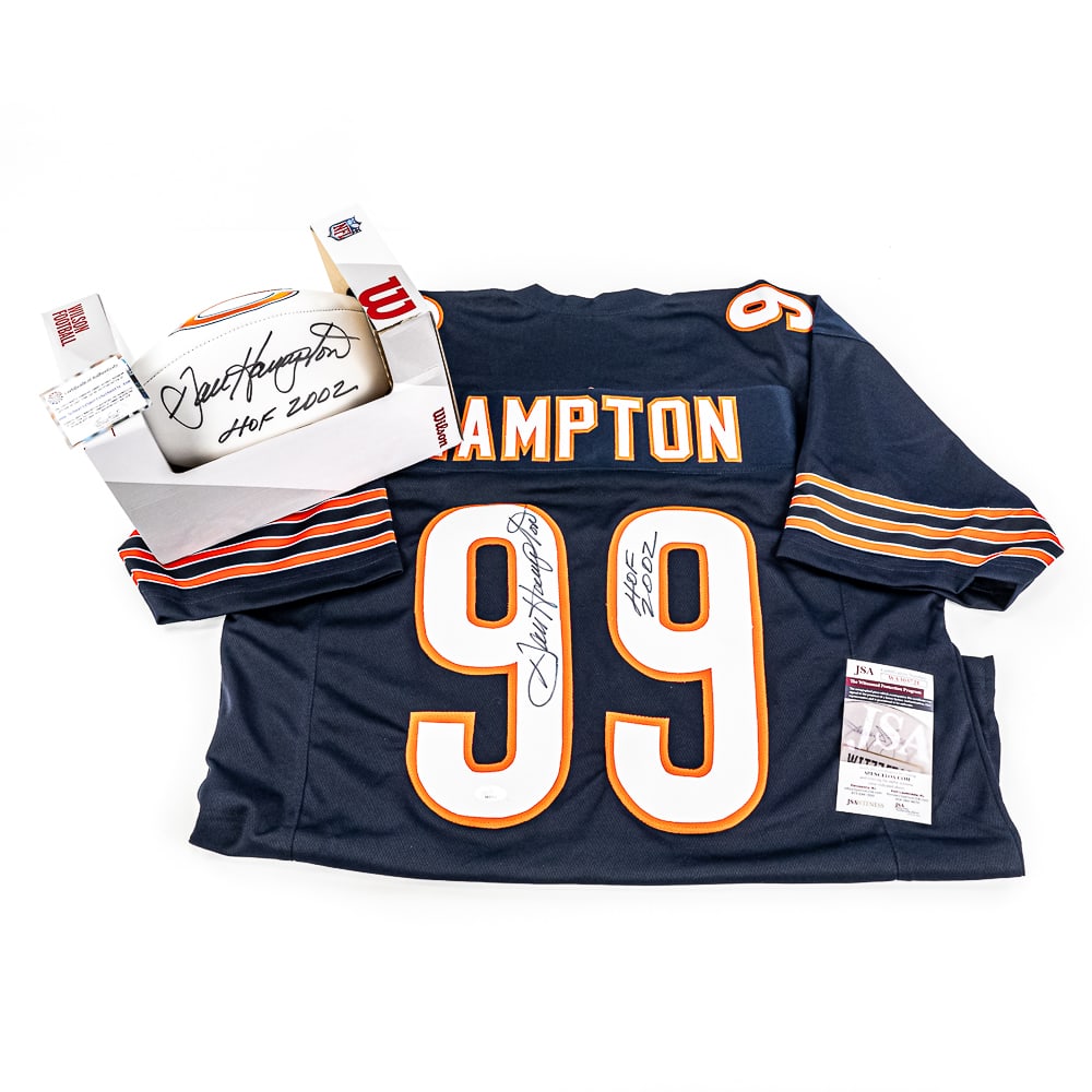 Dan Hampton HOF '02 Autographed Jersey & Football: Chicago Bears fan favorite Hall of Famer Dan Hampton HOF 2002 autographed tagless XL jersey & mini helmet with COAs. Excellent overall condition, presents extremely well; Jersey has a JSA authenticati