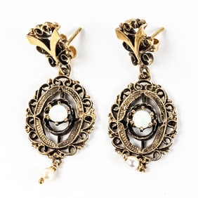 Pair of 14k Victorian Filigree w Opal Earrings