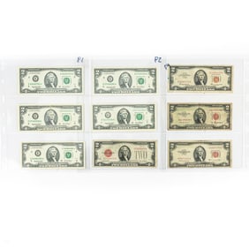 (9) Assorted 1928-2003 $2 Dollar Bills