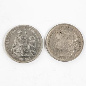 1880-B Peru 5 Pesetas w Dot & 1894 Peru Y22 Un Sol