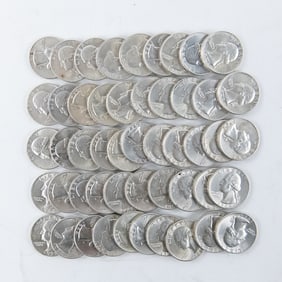 (50) AU 1964 Washington 90% Silver Quarters 25C