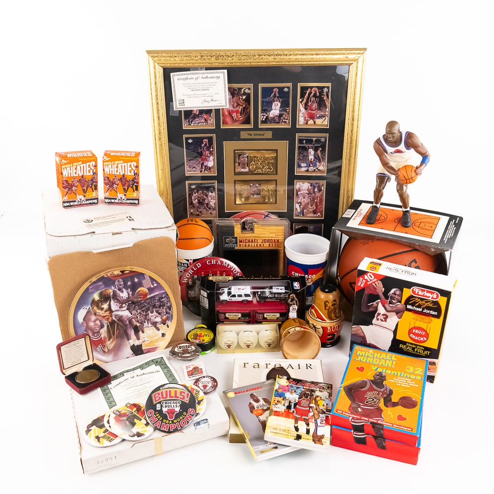 Vintage Bulls Nesting Doll Jordan Valentines &More: Assorted Collection of vintage Bulls Team nesting doll, vintage Michael Jordan related memorabilia including Framed Michael Jordan His Airness (22.5"t x 18.5"w) framed display w COA featuring (2) 23k
