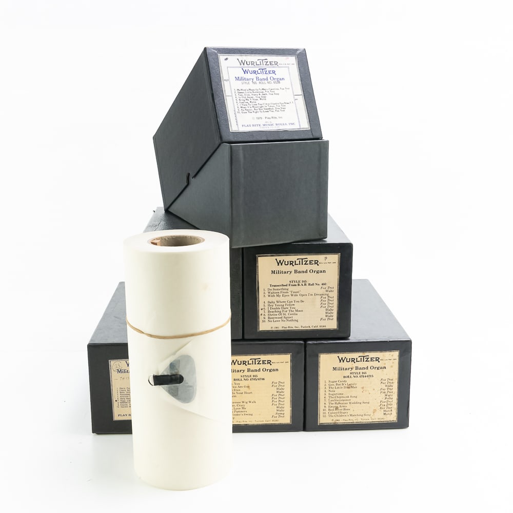 (6) Wurlitzer Military Band Organ Rolls Style 165: Roll No. (6705-7606), 6538, 6558, (6714-6715), 460, 6577. In good condition. Approx 10" L x 4.5" W. See photos for titles.