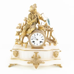 J Marti Medaille Gilt  Boy Fishing Mantle Clock