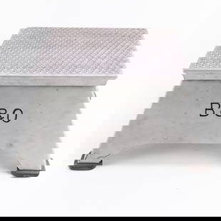 Railroad B&O Aluminum Step Stool: The Baltimore & Ohio Railroad step stool, aluminum frame, embossed lettering. Good condition. 20 1/2" wide x 18 1/2" deep x 10 1/2" high