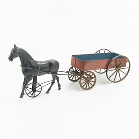 Ives 18" Cast Iron Mechanical Horse Pulling Wagon