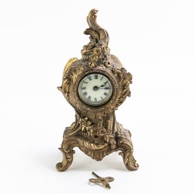 9" Ansonia Figural Gilded Brass Rococo Clock w Key