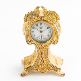 Antique 6.5" Gilded Brass Figural Waterbury Clock