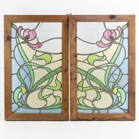 Pair Leaded Stained Glass Art Nouveau Windows