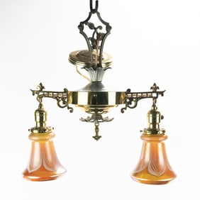 Art Deco Hanging Light w/ Double Art Glass Shades