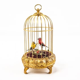 Double Singing Birds in Jeweled Gold Gilt Cage