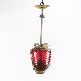 Victorian Oil Hanging Hall Light. Ruby Shade