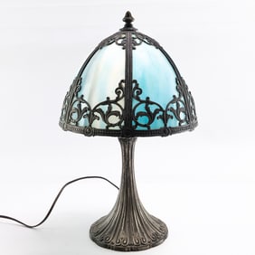 Vintage Table Lamp w/ Blue Slag Glass Shade