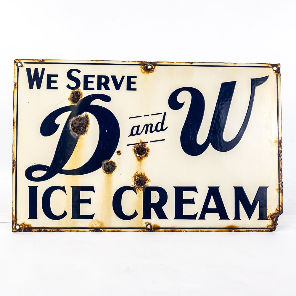 D&W Ice Cream Porcelain Sign: This one has some character, some rust spots about a quarter size throughout. Lower right corner missing around mounting hole . Otherwise a nice sign with the age look.. 22" wide x 14" high