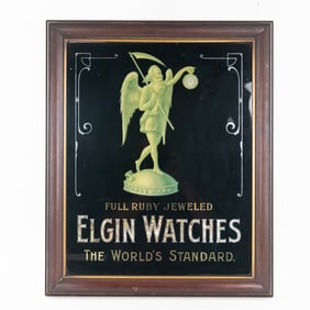 Framed Rev. Painted Glass "Elgin Watch Co" Sign