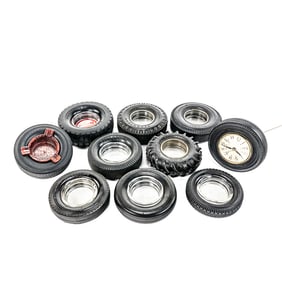 1950s - 70s Auto Service Tire Ashtrays + Clock