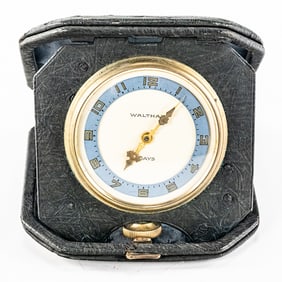 Scarce Waltham 8 Day Travel Clock w Clamshell