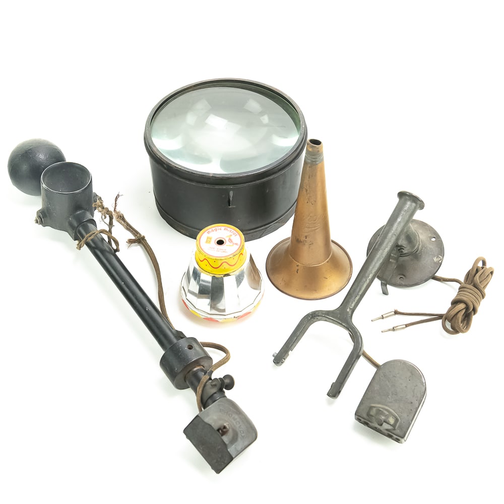 Parts Lot Early Electric Phonograph Arms & More: This lot consists of 2 unusual early electric phonograph tone arms with electric pick up reproducers. Also has one large magnifying lens possibly from a very early television set? Also one small novel