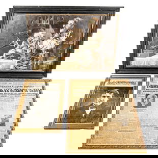Edison Death Headline + 2 Edison Advertisements: This 3 piece lot includes a framed headline from the Grand Rapids Michigan Herald dated October 19th, 1931 with the headline announcing the death of Thomas Edison. In yellowed but VG condition, the