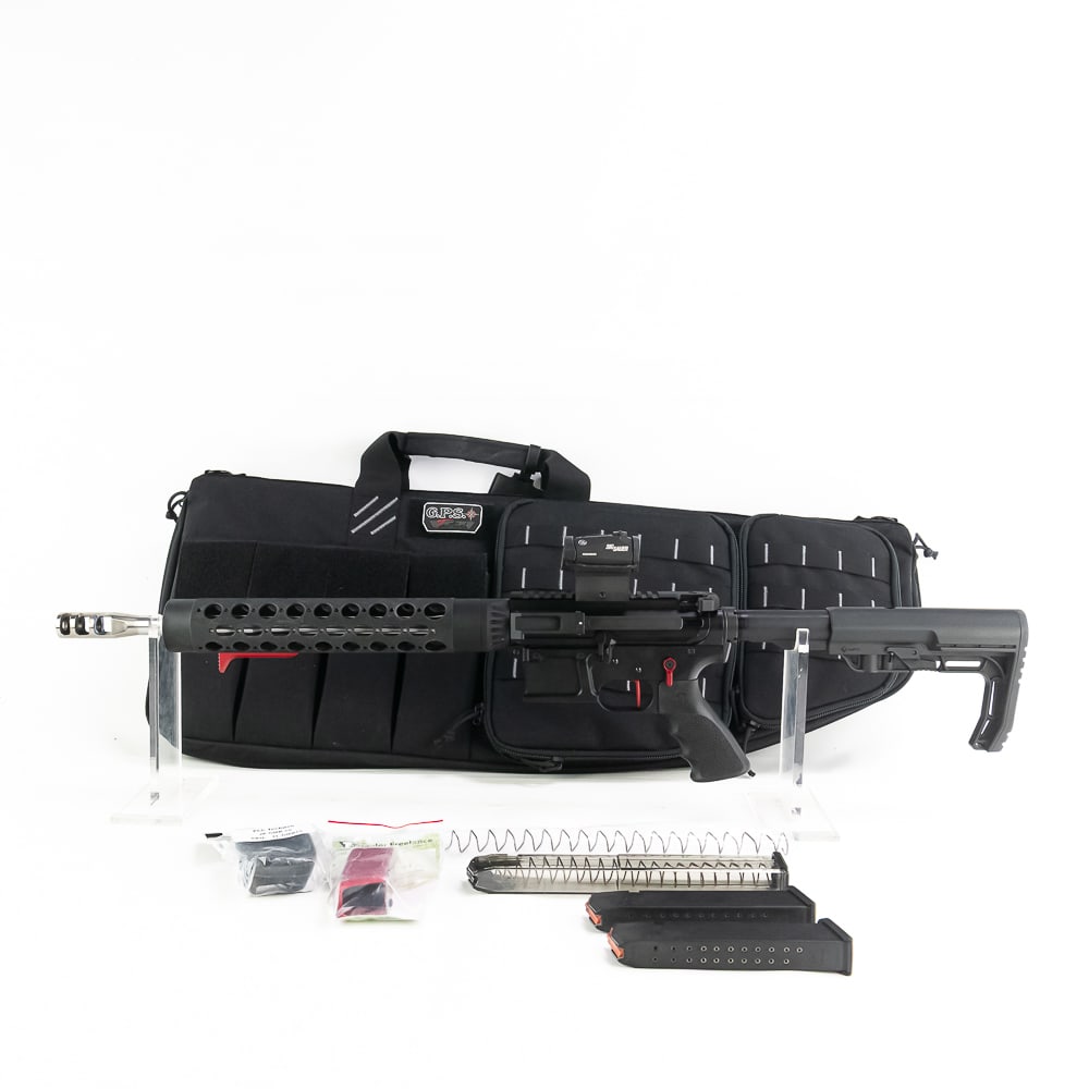 JP Ent. GMR-15 9mm Rifle GMP1602011: CANNOT SELL TO ILLINOIS RESIDENTS!! JP Ent. GMR-15 9mm Side Charger Rifle in excellent condition with Very light wear. Comes with a soft GPS case, SigSauer Romeo5 red dot, 3x Hi-cap magazines, red con