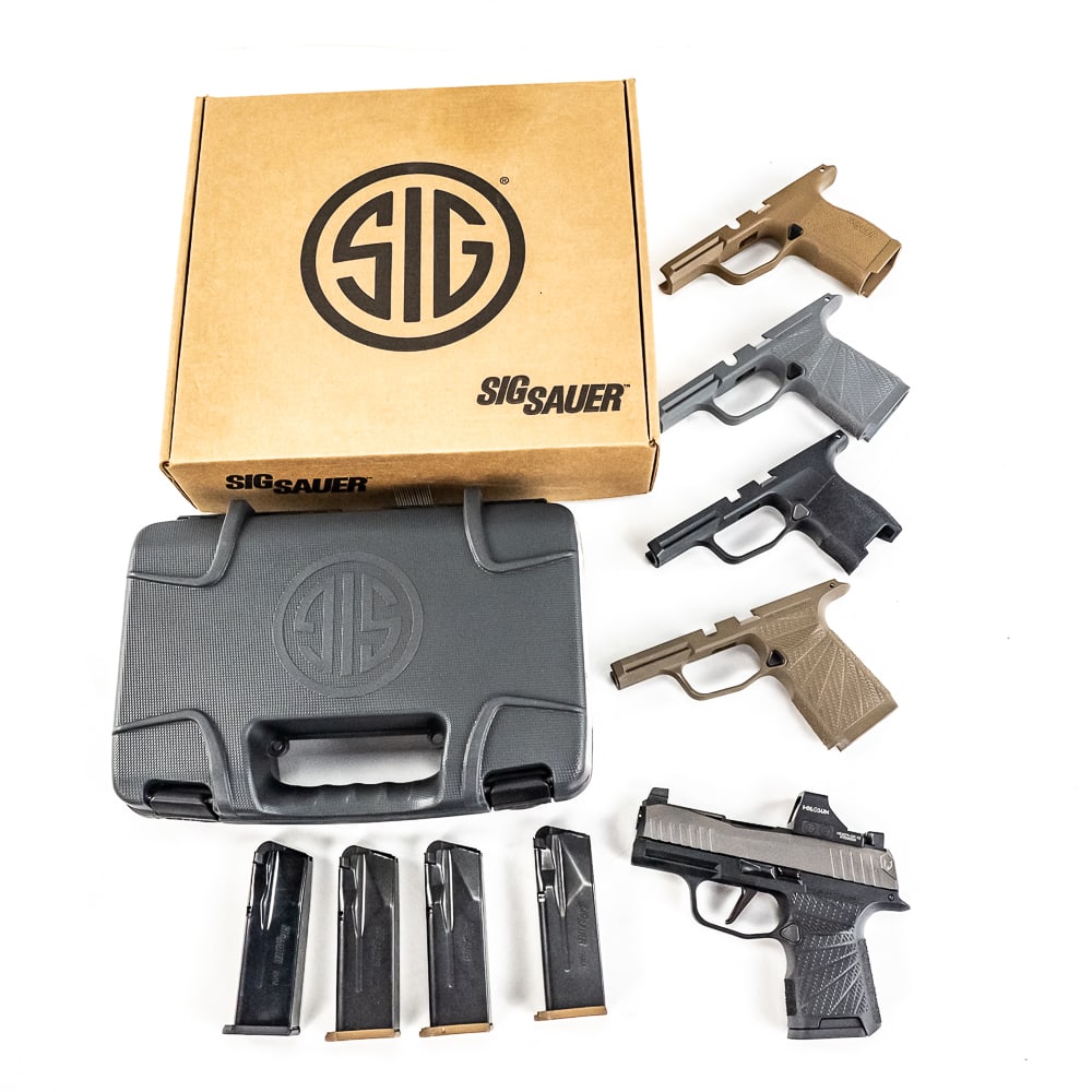 CUSTOM!! SigSauer P365 9mm MOS Pistol NRA077335: CUSTOM!! SigSauer P365 9mm MOS Pistol in excellent condition! Lone Wolf grey "Dawn 365" slide and springs, 3x Wilson Combat frames (black, FDE & grey), 2x stock frames (Black & FDE) HOLOSON red dot ,