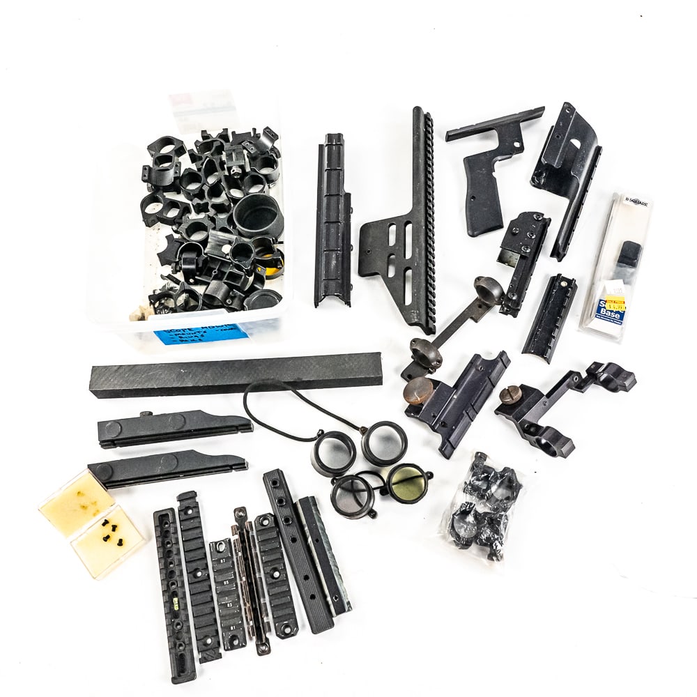Scope Mounts and Bases Lot: Assorted lot of 10+ scope and optic mounts, rings and bases. Mounts, bases and rings for various styles of rifle and pistol as well as various sizes of scope tube. Condition ranges from new in package