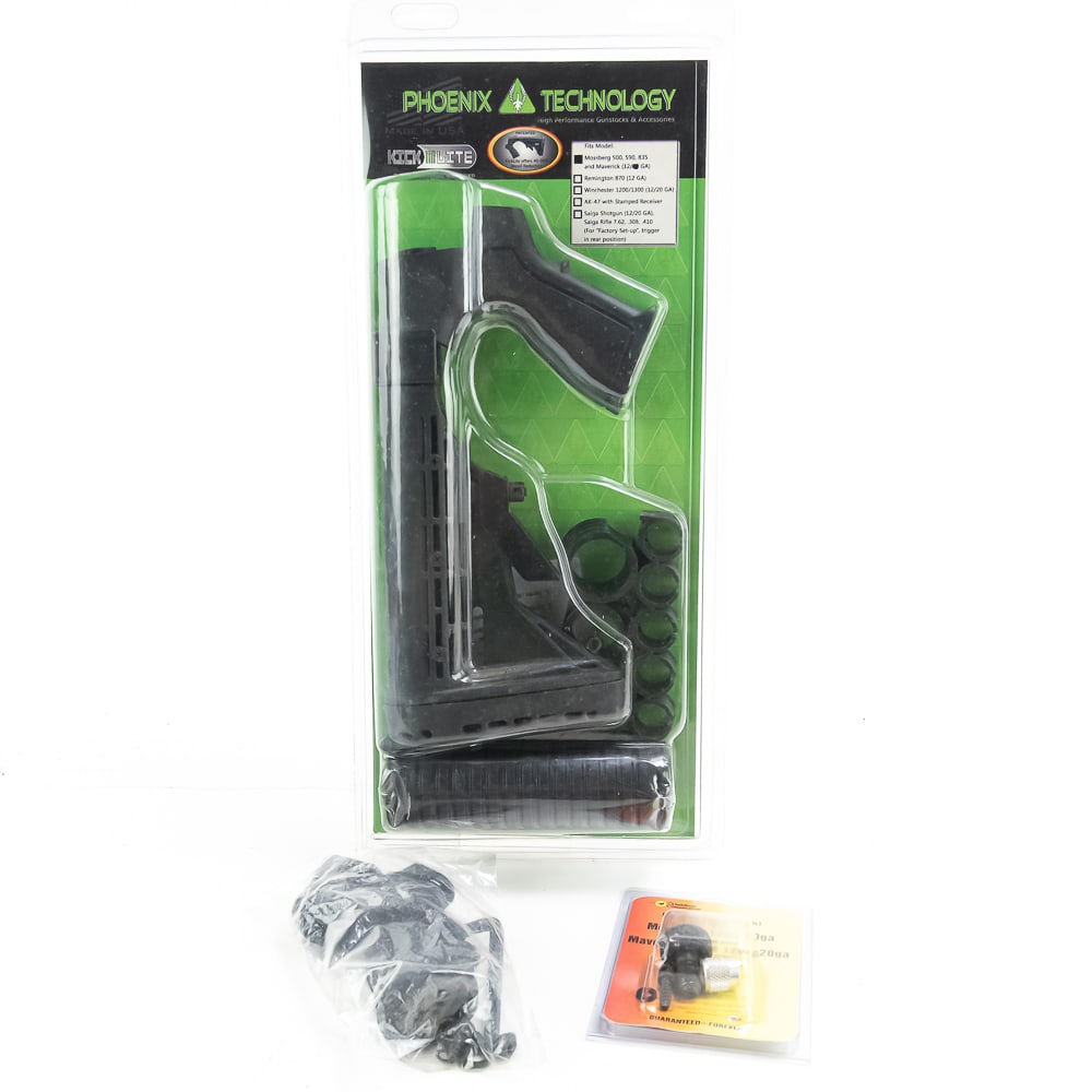 Mossberg 500 Modifier Parts: NEW! Mossberg 500 Modifier Parts: Phoenix Tech Recoil reducing stock, forend & side-saddle shell-holder, Pistol grip adapter, and Outdoor Connection magazine takedown bolt w/swivel base