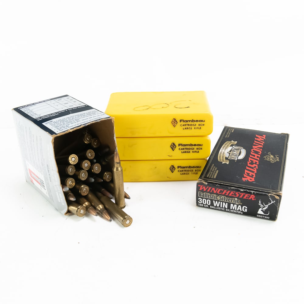 90rds. of 300 Magnum ammunition: 90 rds of 300 Magnum Caliber ammunition. Ammunition is a mix of factory and reloaded ammunition in boxes and plastic cases. Sold as components only due to unknown bullet weights/powders. See photos.