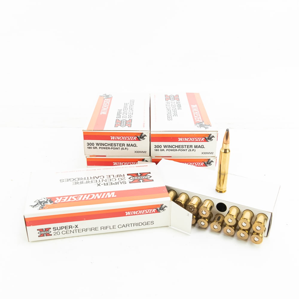 100rds. Caliber 300 Win Mag Ammunition: 100 rds. of 300 Winchester Magnum Ammunition produced by Winchester ammunition company. 5 Boxes of 20rds. of ammunition. Ammunition is 180 Grain Soft Point hunting ammunition. See photos.