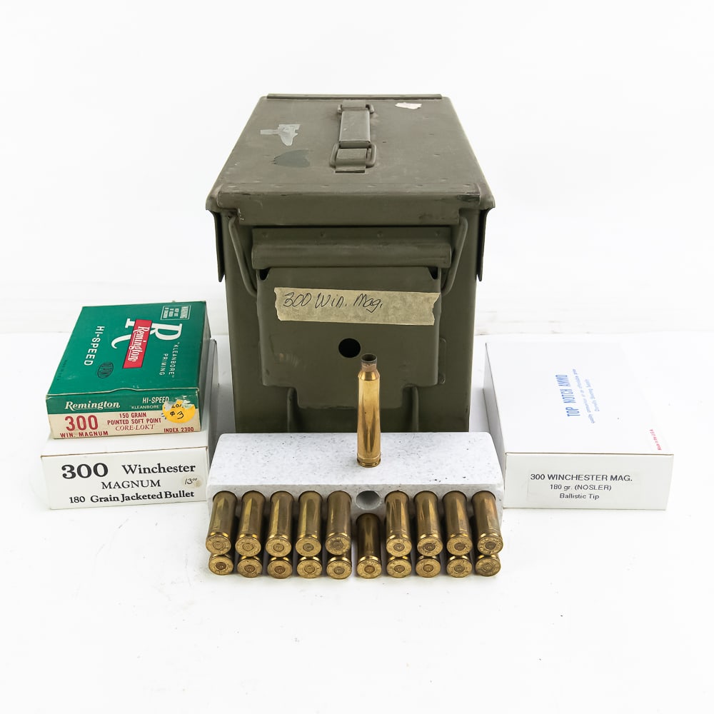 60rds. Caliber 300 Win Mag Ammunition: 60 rds of 300 Magnum Caliber ammunition. Ammunition is a mix of factory and reloaded ammunition in boxes. Lot also includes 20 fired casings for reloading. Sold as components only due to unknown bulle