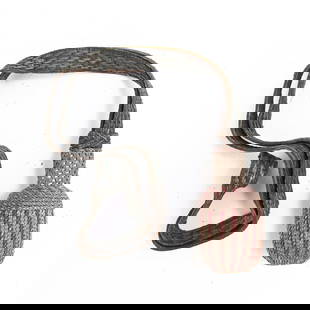 WWII Portepee/Sword Knot: WWII portepee consisting of stylized acorn with silver aluminum bullion thread. Carmine thread interwoven w/silver thread on cap. Suspended by a leather strap with interwoven bullion thread.