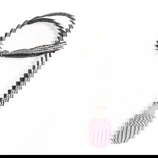 WWII Portepee Sword Knot: WWII portepee consisting of stylized acorn with silver aluminum bullion thread. Carmine thread interwoven w/silver thread on cap. Suspended by a leather strap with interwoven bullion thread. 