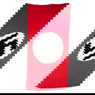 WWII German NSDAP Party Banner: Large 1-sided NSDAP Party banner 1933-45. This is constructed out of a red dyed cotton base with separately stitched-on white and black printed cotton roundel (diameter: 27&#8221;). Dimensions: 37&#82