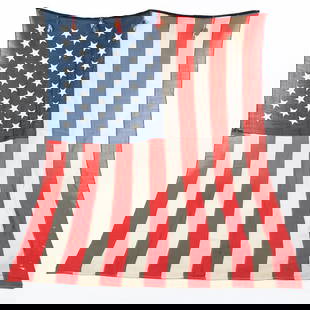 45 Star US Flag 1896-1908, 48&50 Star Bonus: A trio of US Flags. 1) The star of this lot is a 45 Star US Flag, cotton, stitched, from Fort Sheridan, IL. Dimensions 90” x 58”. No markings visible anywhere. Edge is stitched with dark v