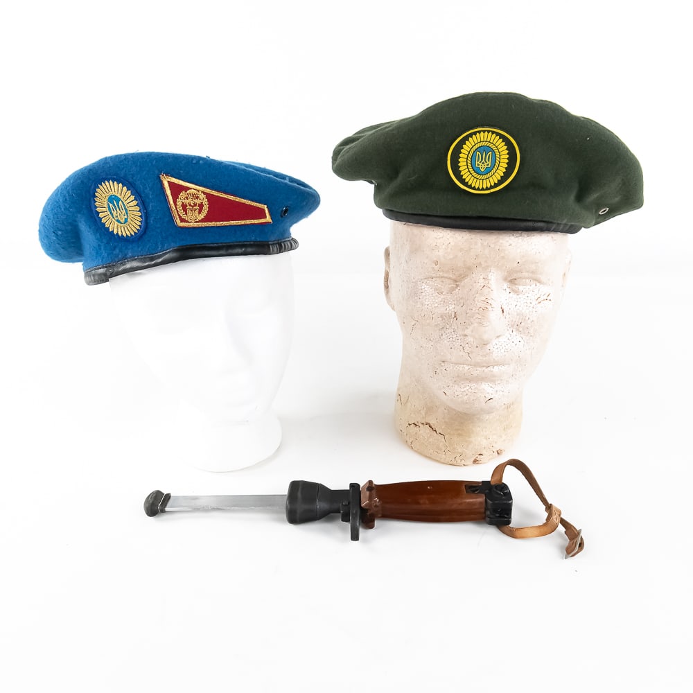 Ukrainian Headgear, RARE Polish Training Bayonet: 1) RARE Polish WZ 85 AK training bayonet. The blade locks back in the handle. Like new condition. Dimensions: closed 7” x 2.75” x1.25”. Extended: 11.5” x 2.75”1.25”