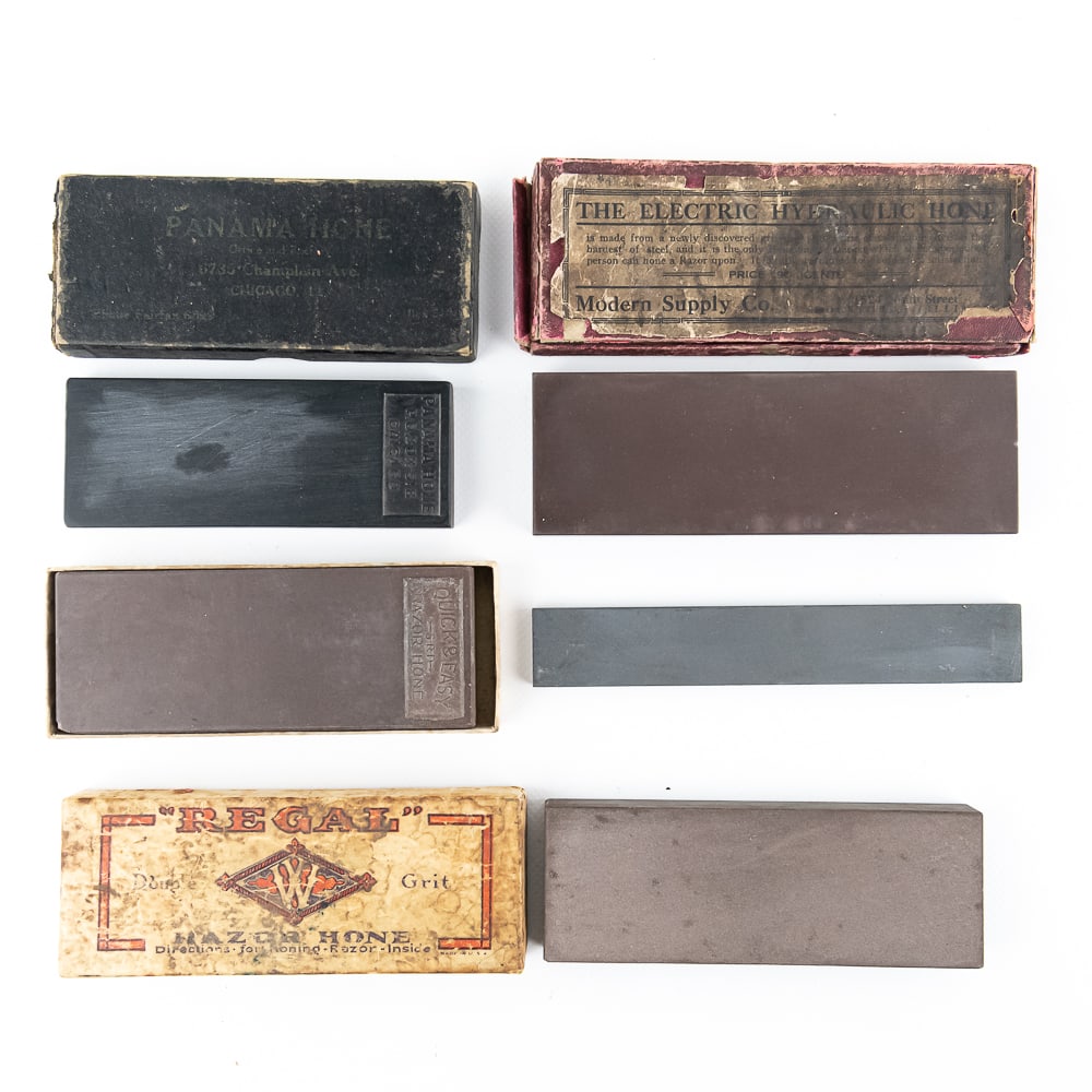 (5) Lot of Misc. Vintage Razor Hones: (5) Lot of Vintage Razor Hones. Included is a "Electric Hydraulic Hone" in orginal box, with box falling apart, hone in good condition. A "Panama Hone" in orginal box, both box and hone in good condit