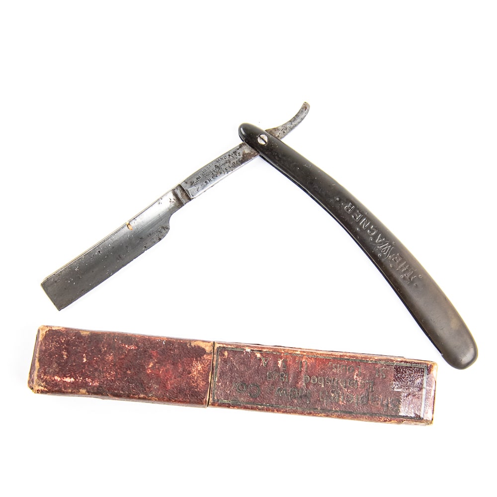 John Sellers And Sons "The Wagner" Razor w/ Box: Vintage Straight Razor "The Wagner" John Sellers and Sons. Has brown plastic scales, front reads "The Wagner" and reverse reads "Patented Dec. 24th 1895". The face is blank, tang reads "John Sellers a
