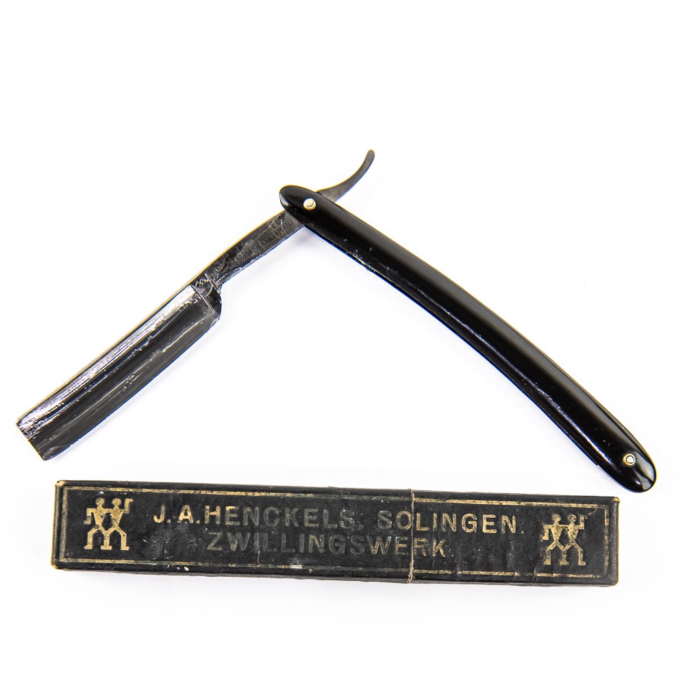 J. A. Henckels Twin Works 16 Razor w/ Orig Box: Vintage Straight Razor "16" by J. A. Henckels Twin Works, with black plastic scales. The face is blank, Tang reads "J. A. Henckels Twin Works Germany" with "16" and logo, and reverse reads "Graff & Sc