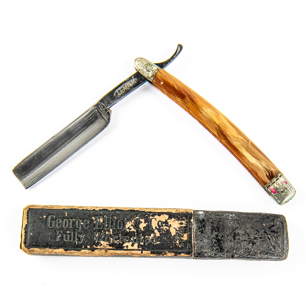 F. W. Engels Leader Straight Razor w/ Unorig. Box: Vintage Straight Razor by F. W. Engels, with Faux wood-style scales that have metal brick-design caps on both ends. The face is blank, Tang reads "Leader", and reverse reads "F. W. Engels Solingen, GR