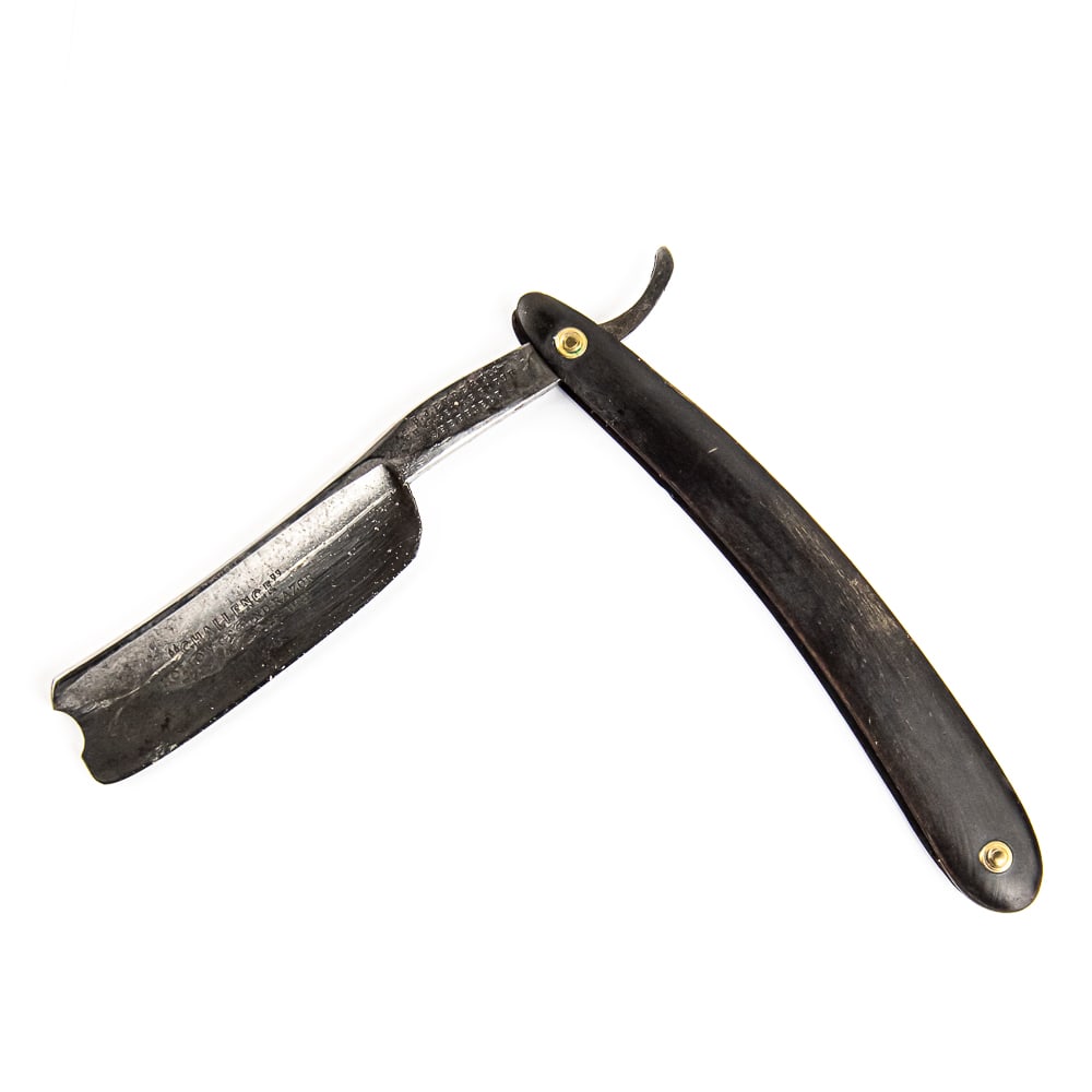 B. J. Eyre & Cos Challenge Razor: Vintage Straight Razor "Challenge" by B. J. Eyre & Cos, with black horn scales that have minor chips on edges The face reads " 'Challenge' Hollow Ground Razor For Barber's Use", Tang reads "B. J. Eyre