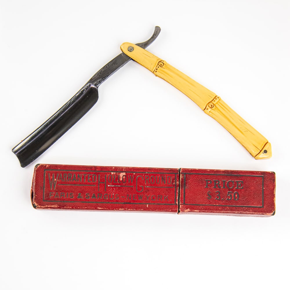 The Capitol Straight Razor w/ Unorig. Box: Vintage Straight Razor "The Capitol", with celluloid bamboo-theme scales with what appears to be "678p" scraped into side. The face is blank, Tang reads "The Capitol", and reverse is "x Germany". Blad